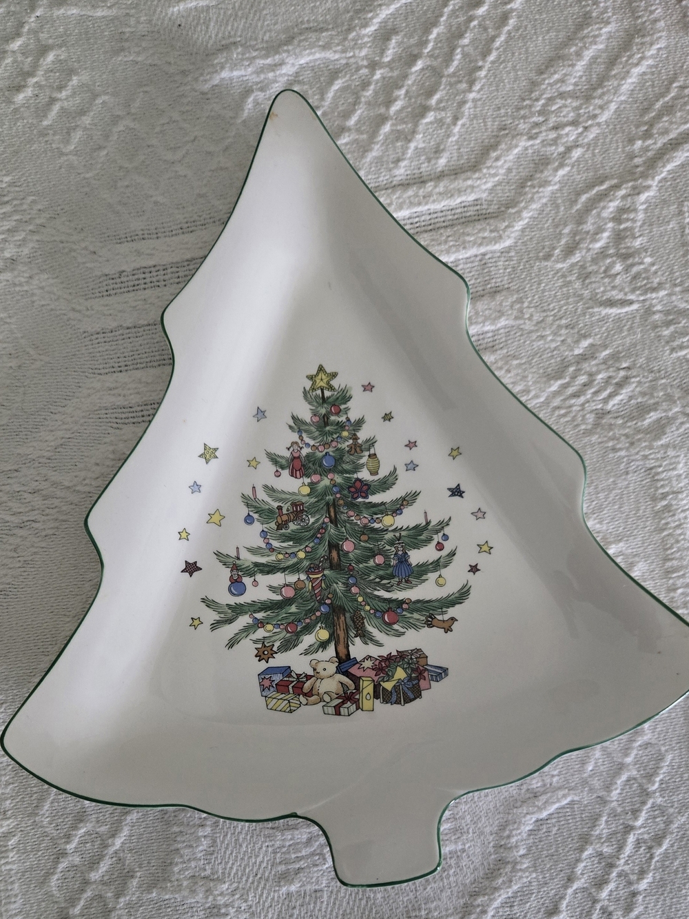White Tree-Shaped Holiday Serving Platter with Green Trim
